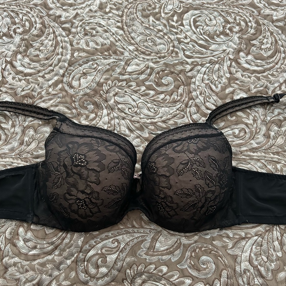 Cacique Modern Lace Covered Lightly Lined Underwire Balconette Black Bra 44D